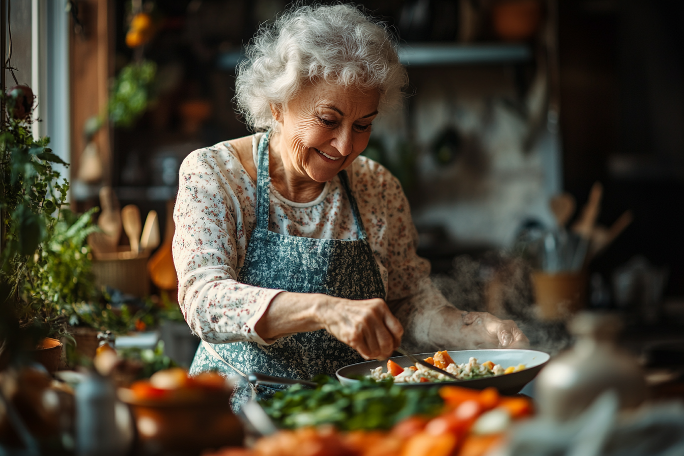 Щаслива пара старшого віку готує здорову їжу